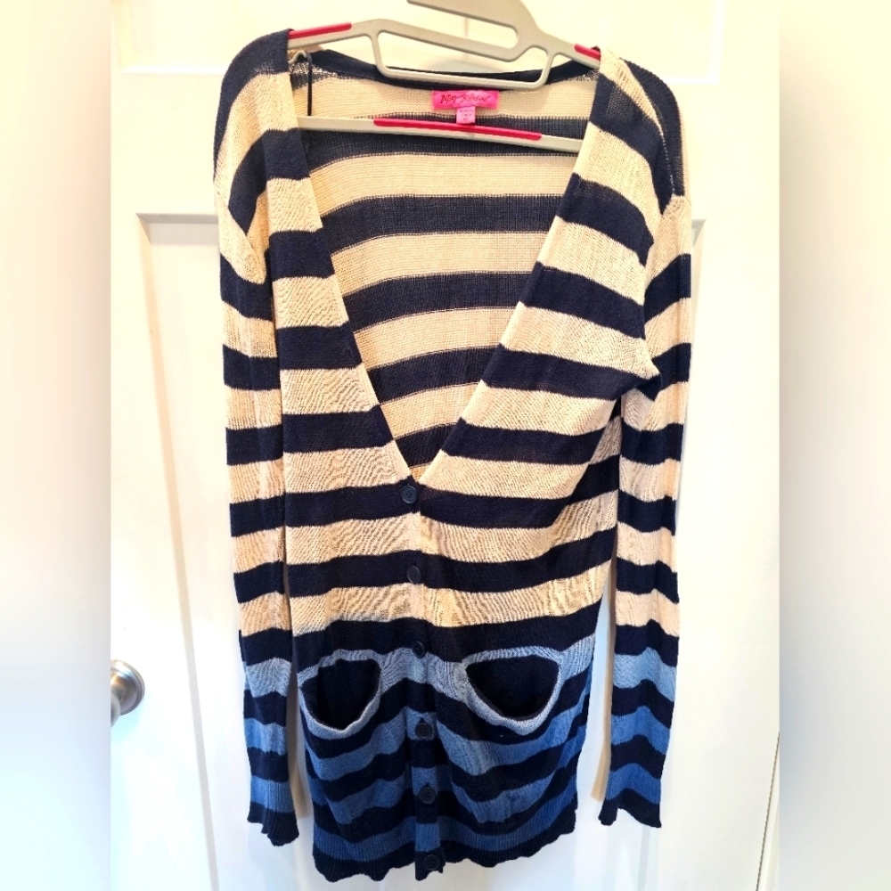 Betsey Johnson Striped Cardigan Sweater Women’s XS Navy Blue Cream Cotton